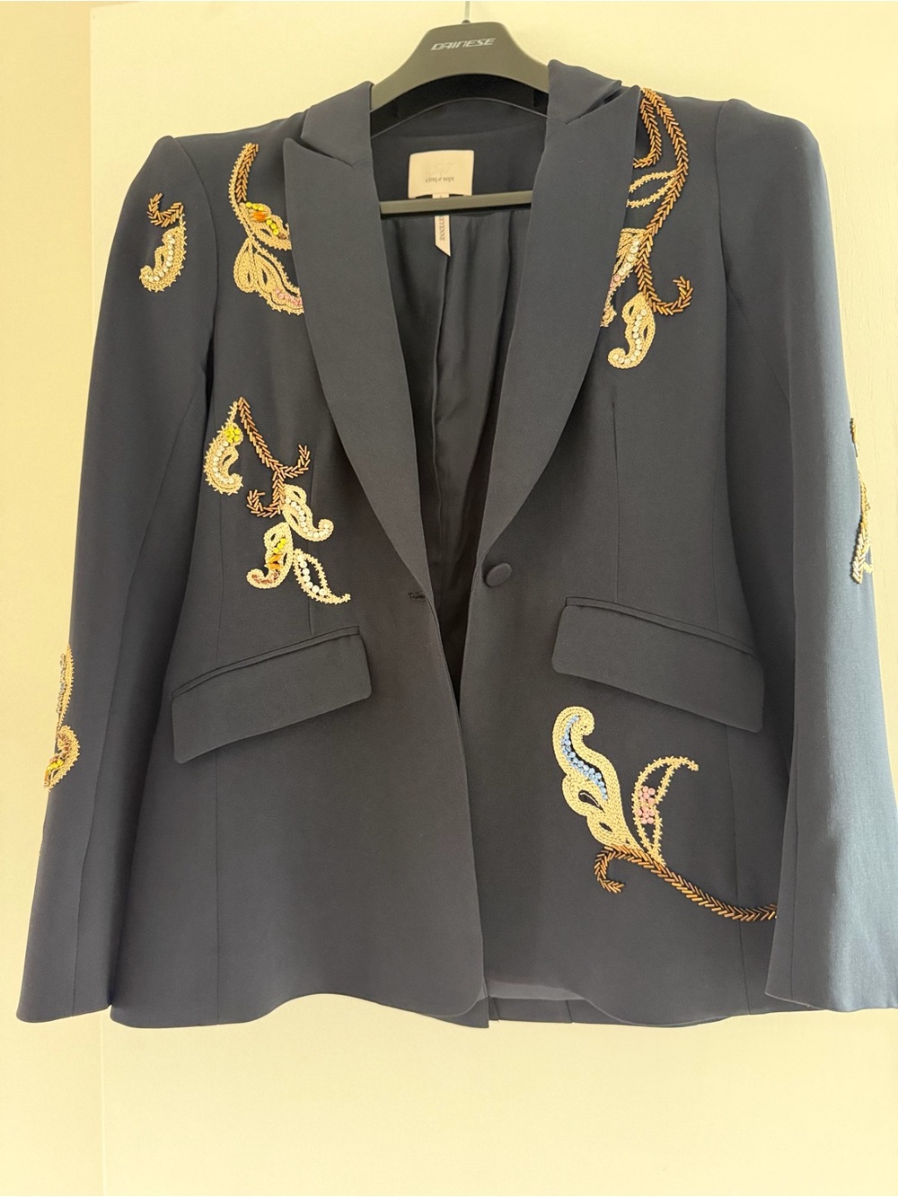 cinq a sept Navy Blazer with Gold Embroidered Appliqués